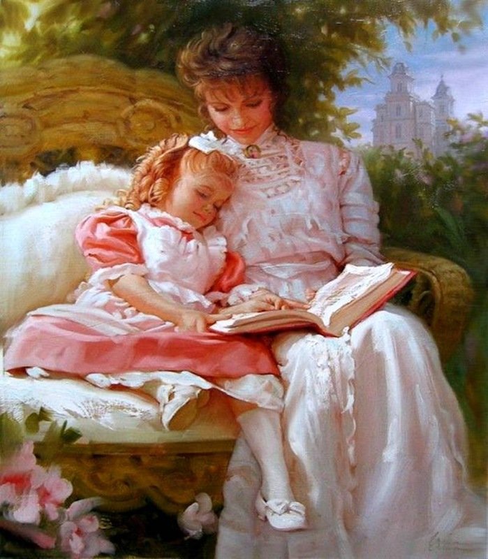 за книгой - люди, живопись, дети, художники - оригинал