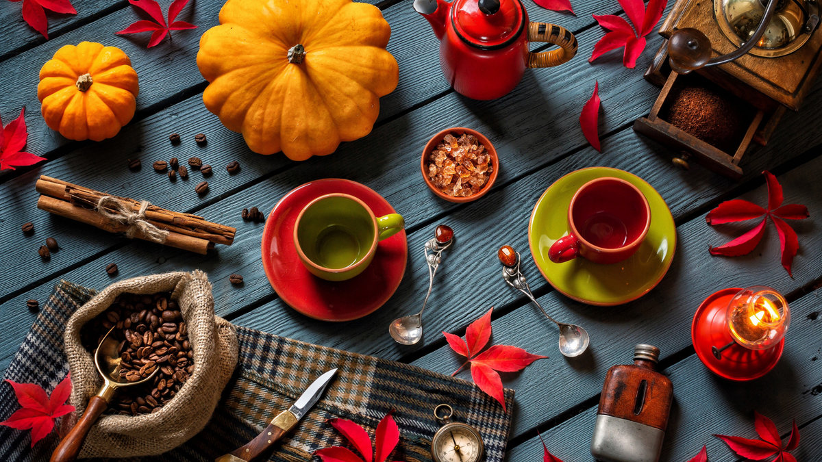 Осенний натюрморт 2 - чашки, тыква. осень, листья - оригинал