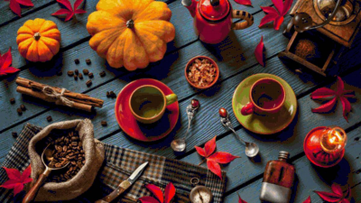 Осенний натюрморт 2 - листья, тыква. осень, чашки - предпросмотр