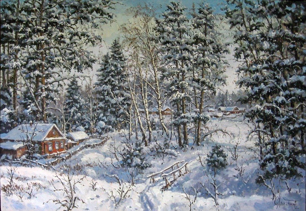 Paisagem de  inverno. - inverno .floresta., vila - оригинал