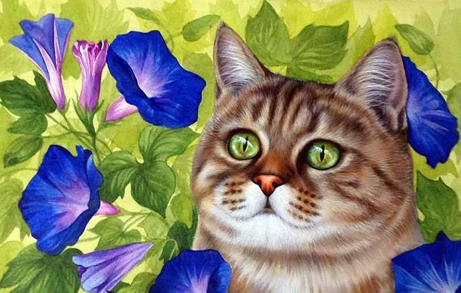 Gato. - animais. flores . - оригинал