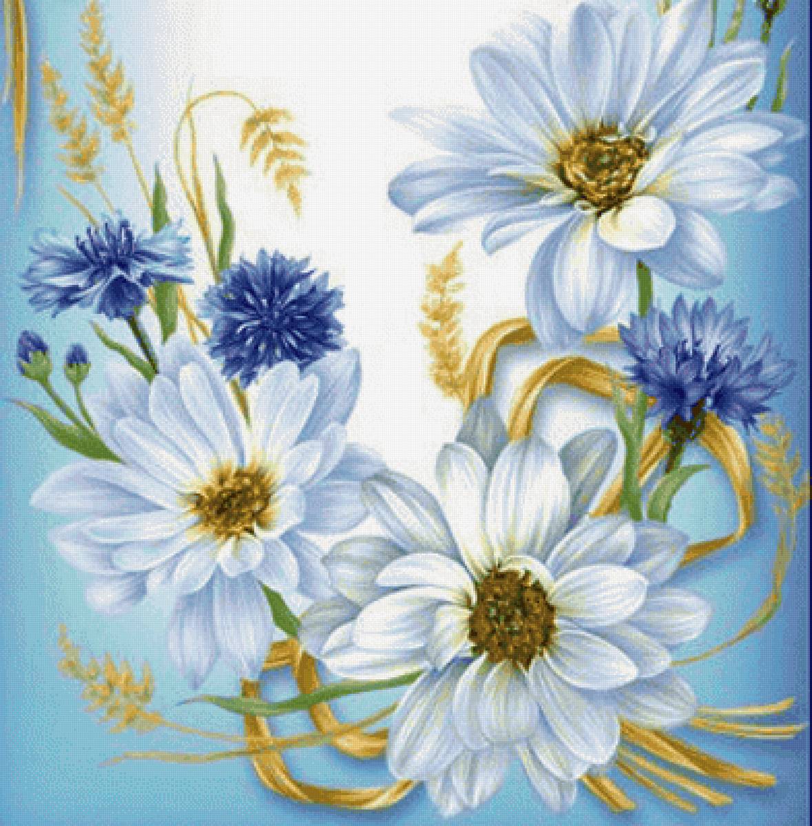 Хризантемы - цветы, хризантемы, васильки. - предпросмотр