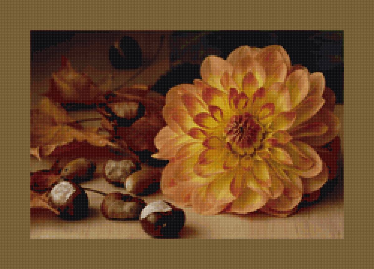 натюрморт с георгином - цветы, натюрморт, орехи - предпросмотр