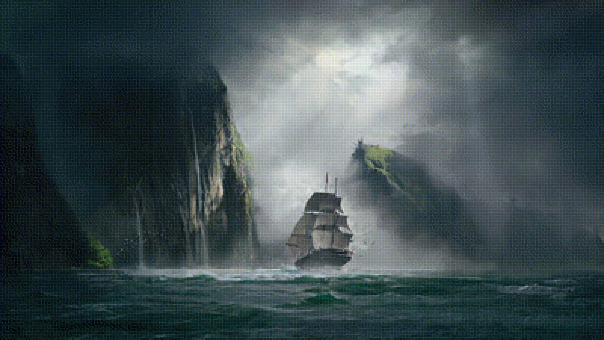 Корабль - туман, корабль, горы - предпросмотр