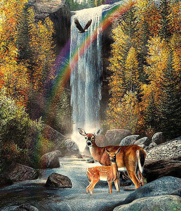Пейзаж - водопад, осень., олени, пейзаж, лес, горы - оригинал