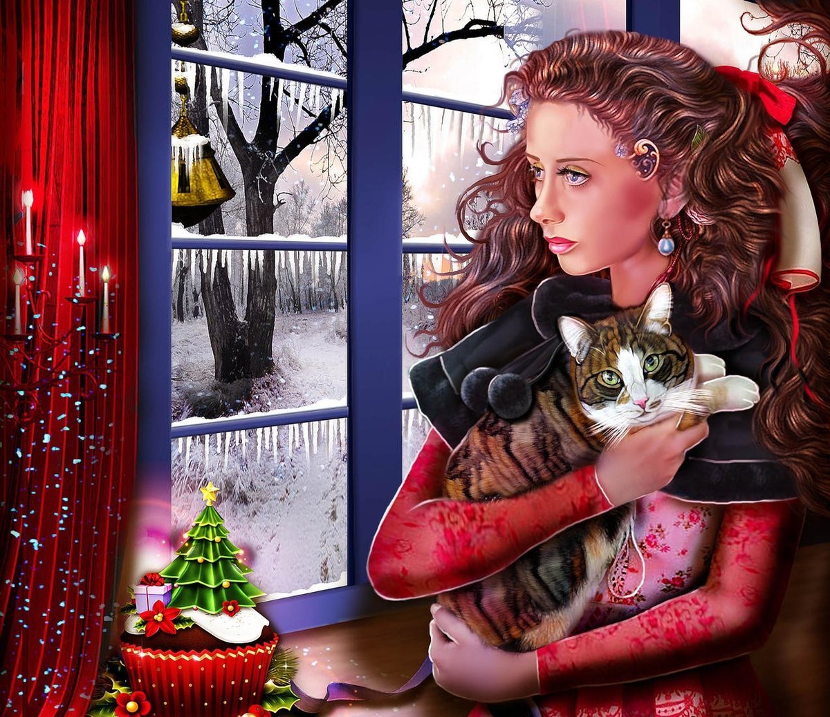 девушка с котом - девушка, кот, рождество - оригинал