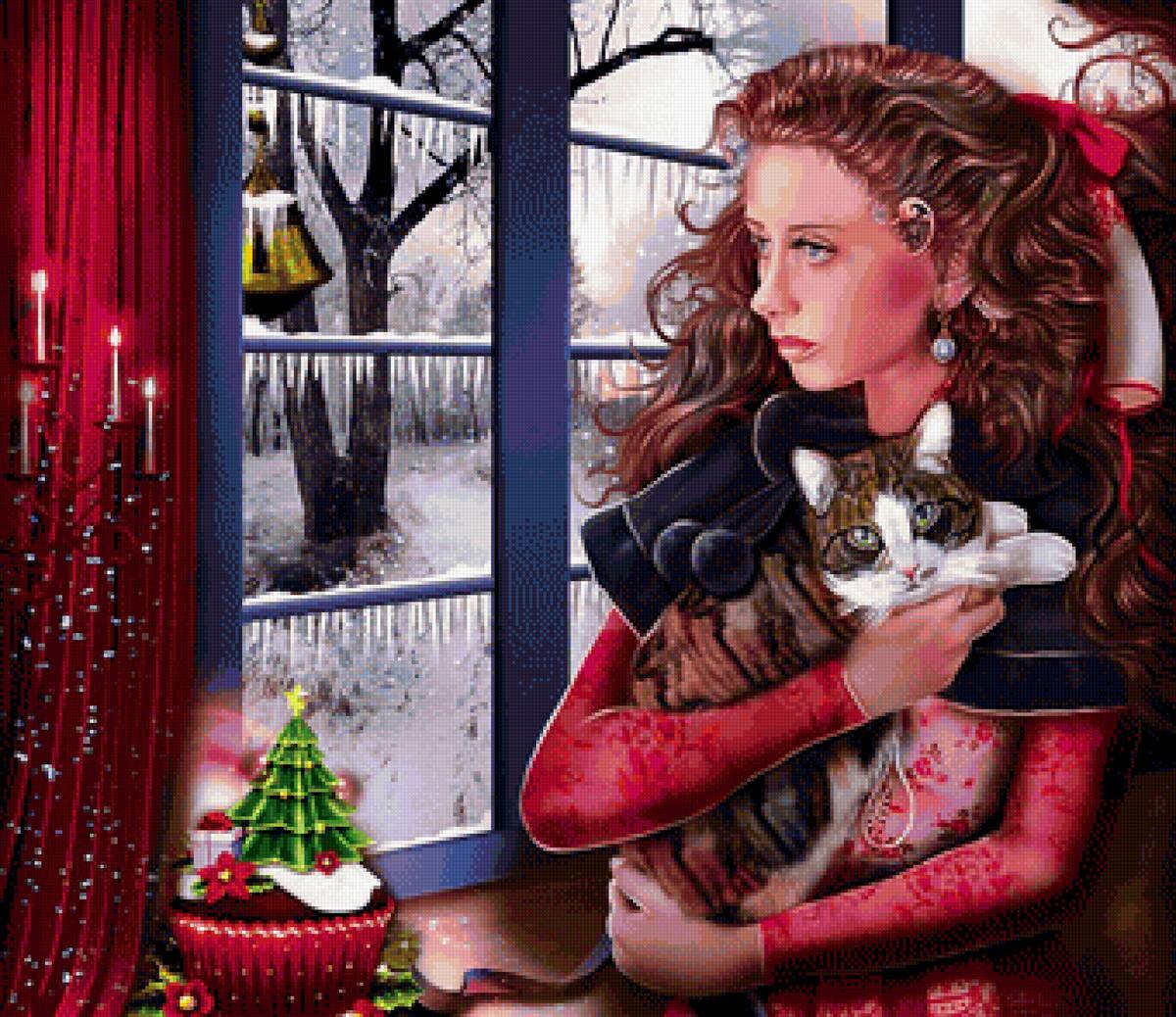девушка с котом - рождество, девушка, кот - предпросмотр