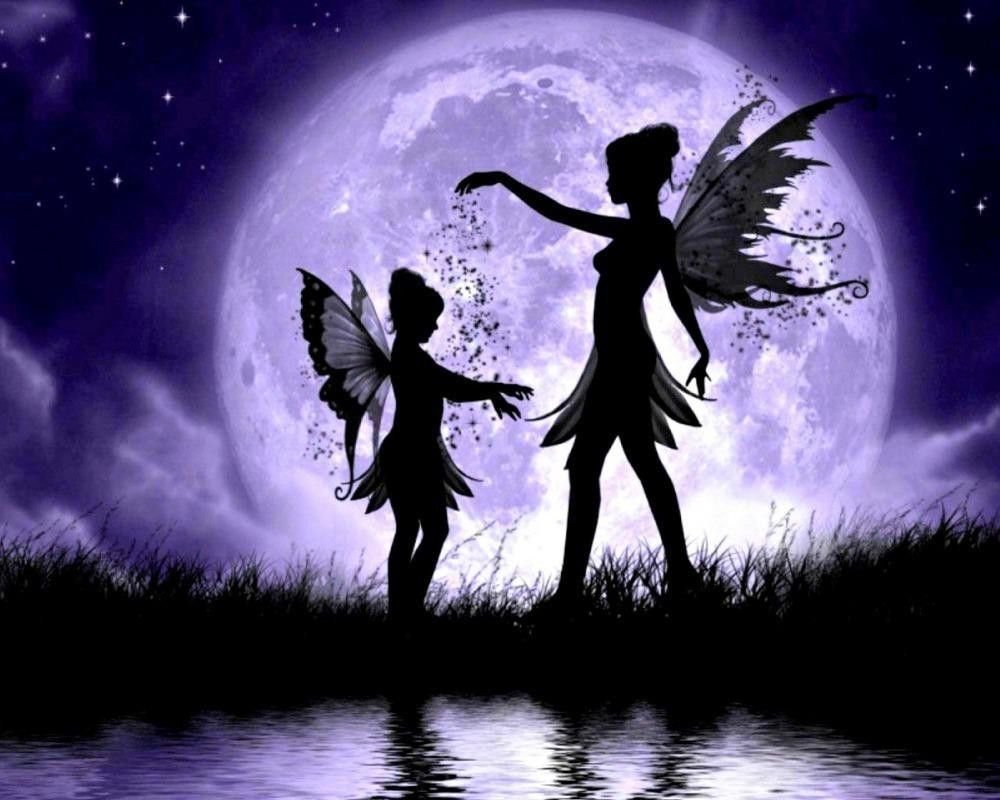 Картина с феями на фоне луны - картина, фея, луна - оригинал