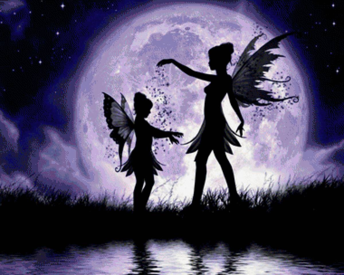 Картина с феями на фоне луны - луна, картина, фея - предпросмотр