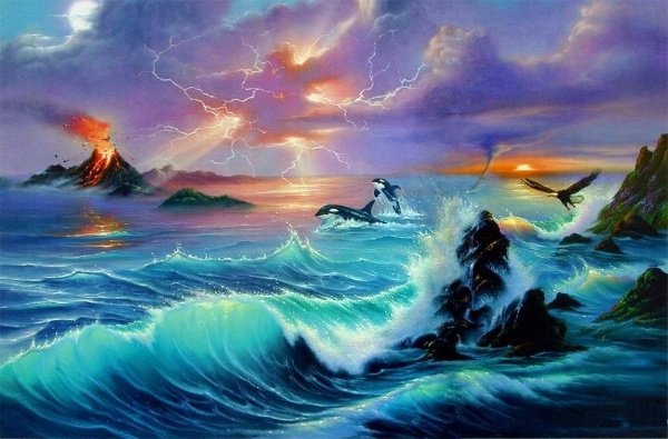 Картина море джим уоррен - птица, картина, море, касатки - оригинал