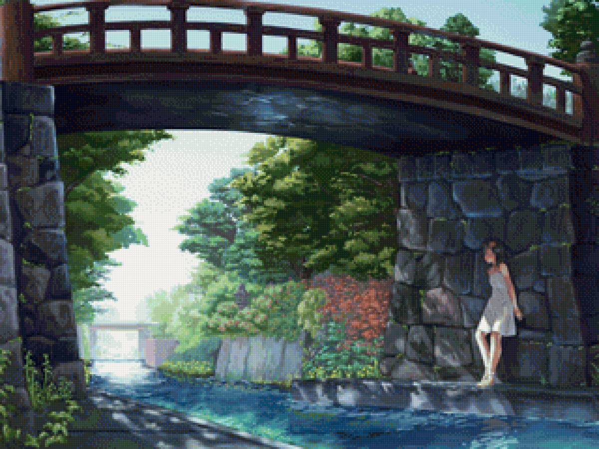 Красивый аниме пейзаж - аниме, мост, пейзаж - предпросмотр