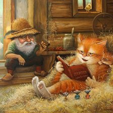 Схема вышивки «Кот с котёнком и домовой»