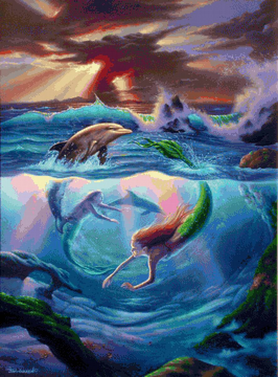 Фэнтези картины Джим Уоррен - фэнтези, дельфины, картина - предпросмотр