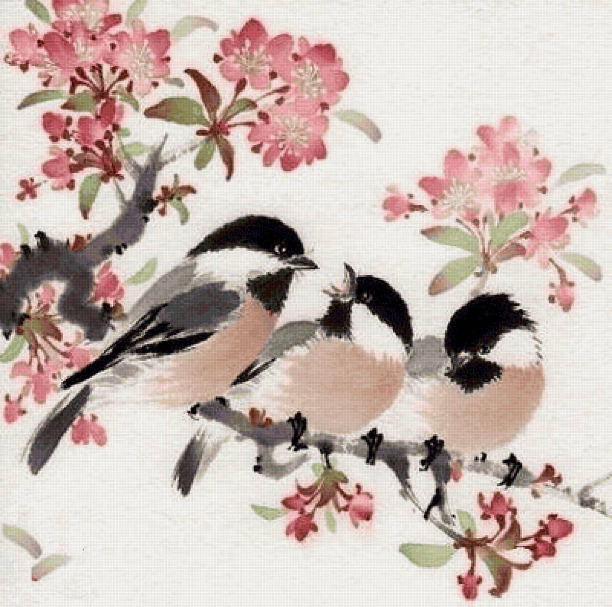 Птицы 4 - подушка., птицы, цветы, квадрат - предпросмотр