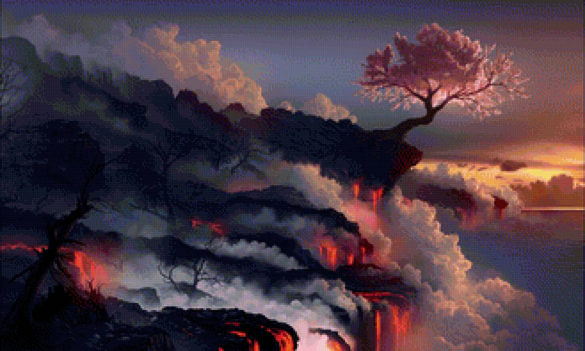Цветущая сакура на краю вулкана - вулкан, сакура, облака - предпросмотр