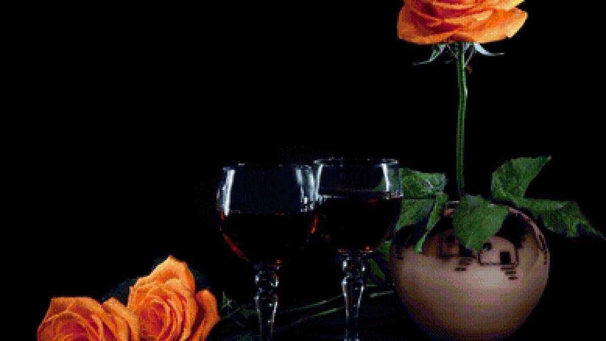 Добрый вечер - цветы, вино, бокалы - предпросмотр