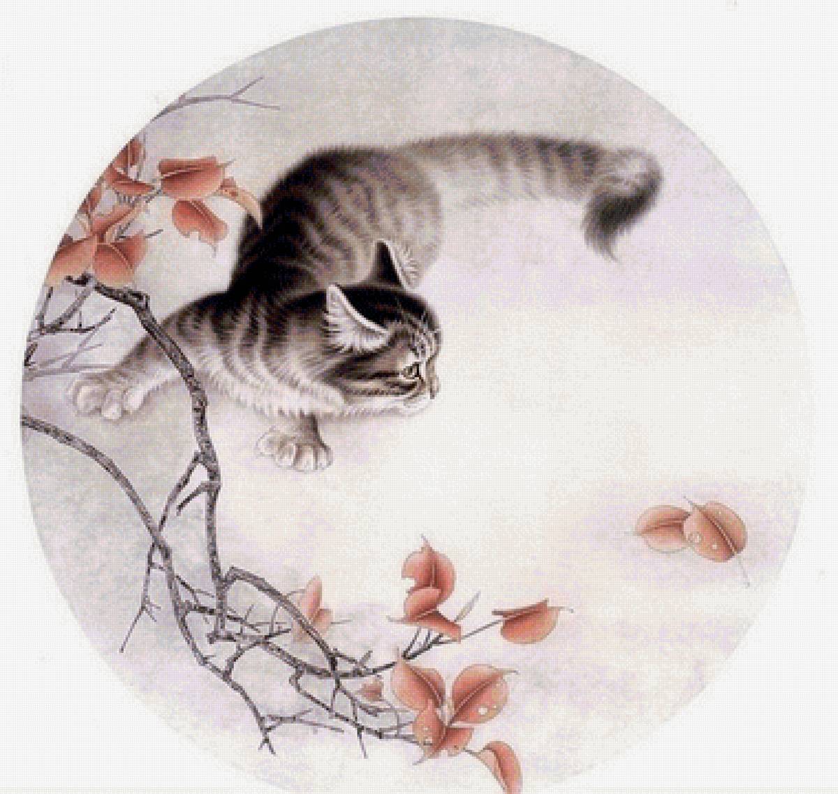 Сюй Синьци художник - картина, дерево, котик - предпросмотр