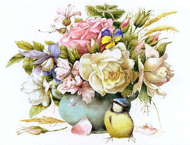 букет весенних цветов - цветы, птица, анютины глазки, фиалки, прованс, винтаж, розы - оригинал
