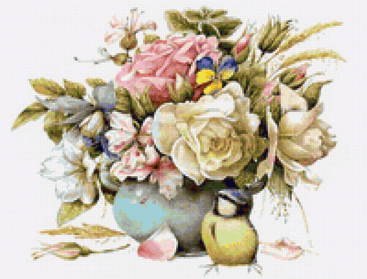 букет весенних цветов - прованс, птица, фиалки, розы, винтаж, цветы, анютины глазки - предпросмотр