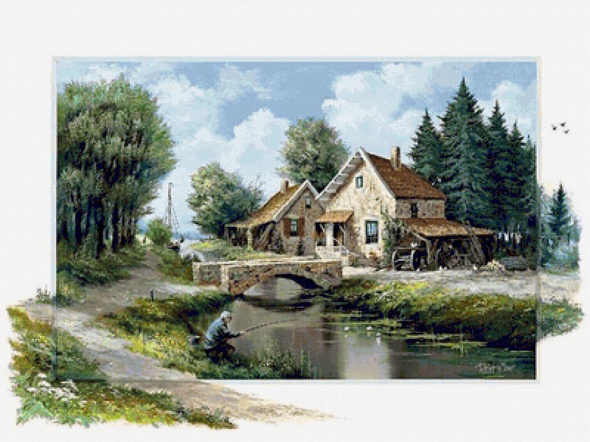 пейзаж - река, рыбак - предпросмотр