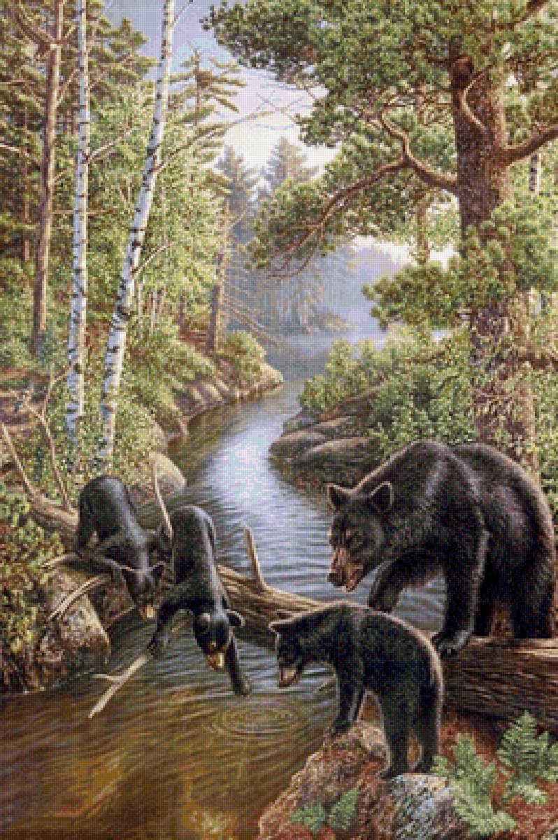 У лесной речушки - деревья, переправа, лес, река, медведи - предпросмотр