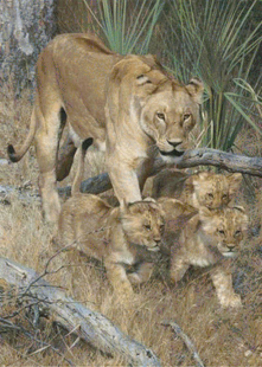 Львица с тремя львятами - львята, африка, львица - предпросмотр