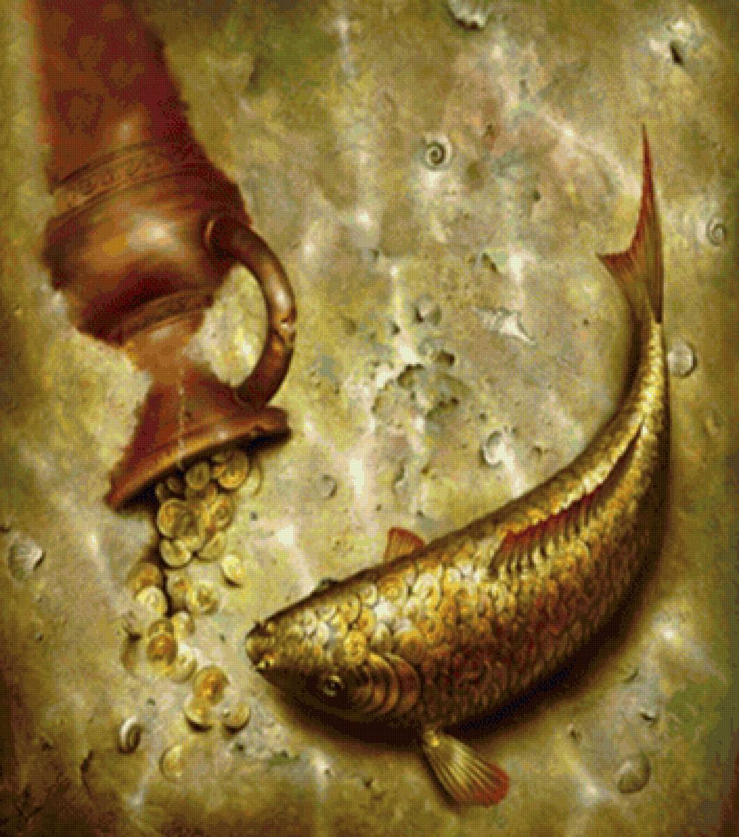 Золотая рыбка - монеты, под водой, сокровища, золотая рыбка, кувшин - предпросмотр