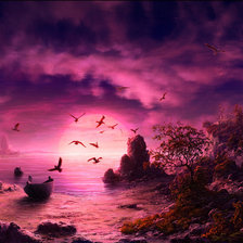 Романтический пейзаж с закатом и птицей