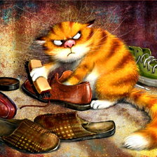 рыжий кот чистит ботинки