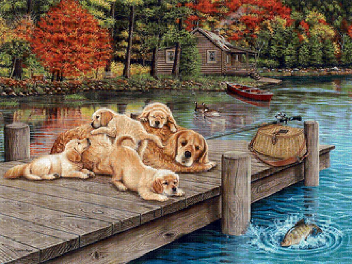 Художник jim lamb - щенки, картина, собачья семья - предпросмотр