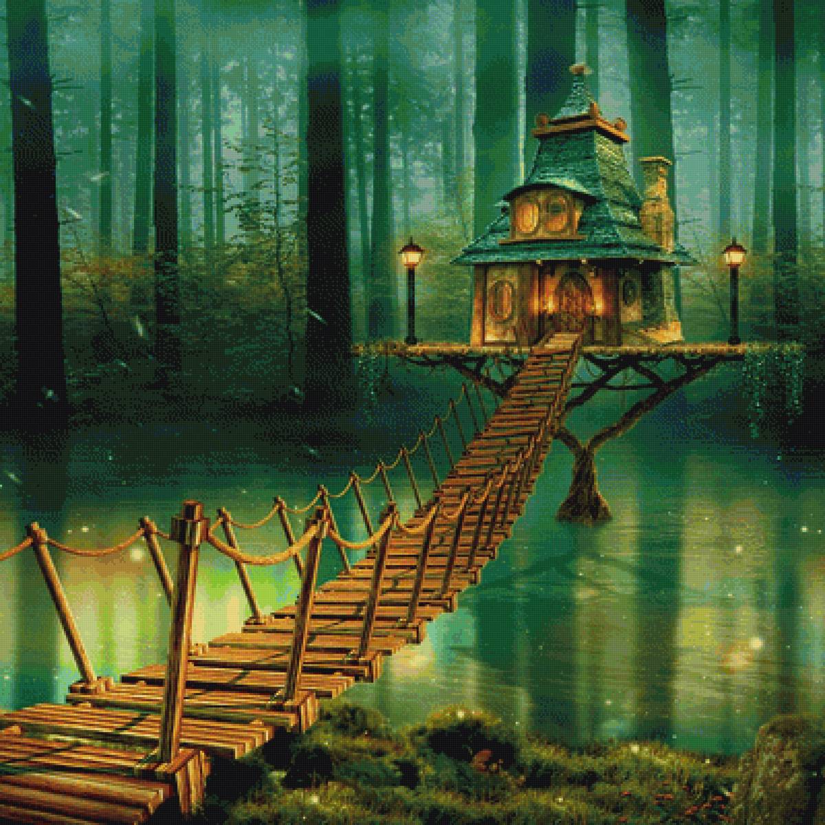 Тайное место - тайна, зеленый, озеро, лес, дом, мост - предпросмотр
