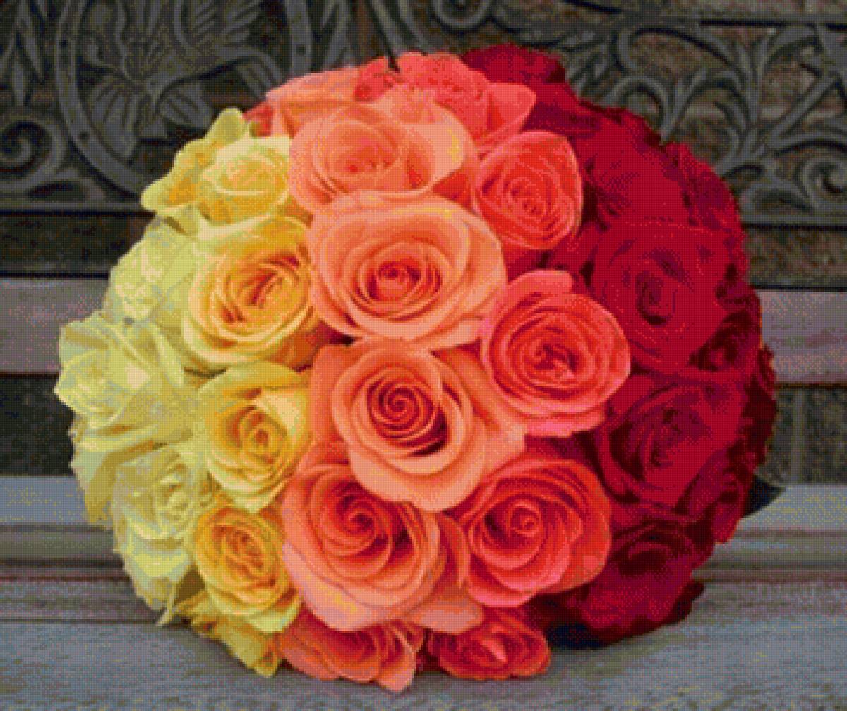 Свадебный букет разноцветных роз - розы, свадебный букет, цветы - предпросмотр