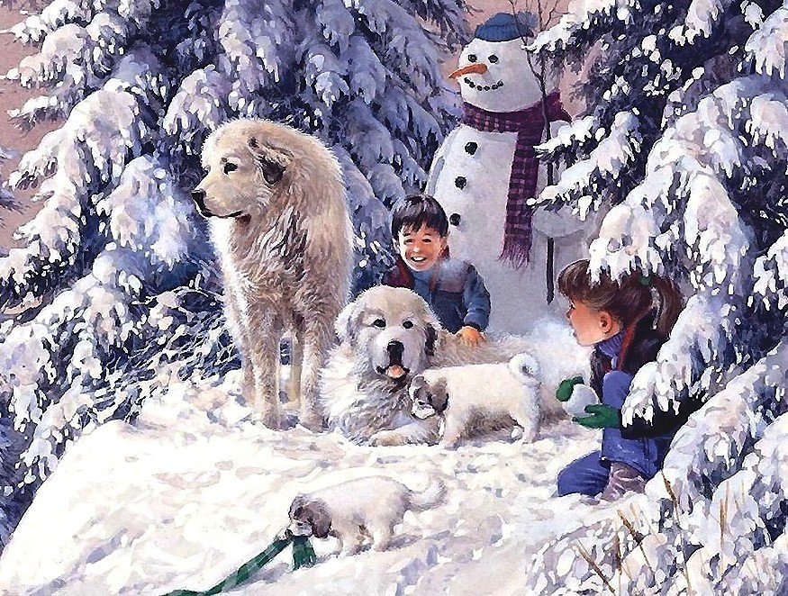 Зимние забавы - зима, животные, дети - оригинал
