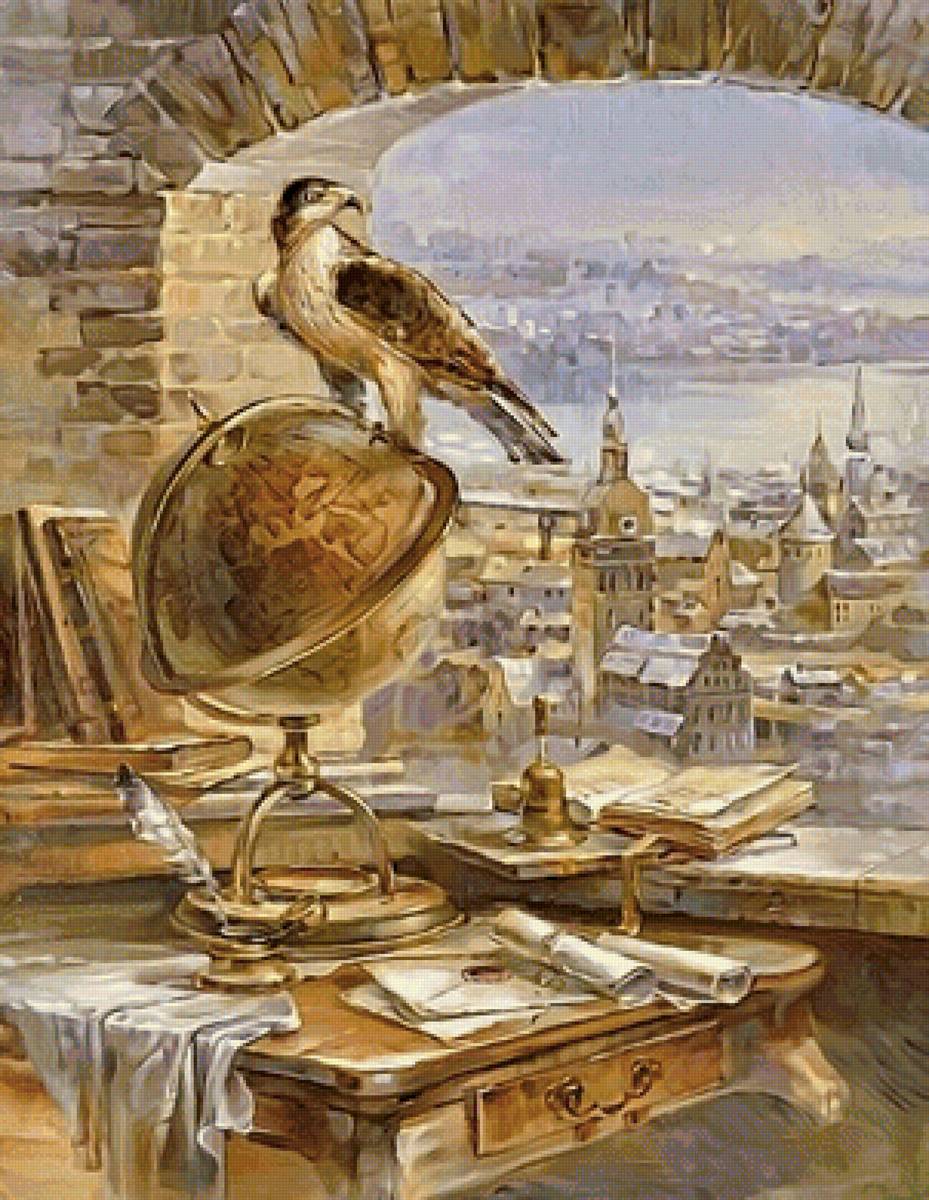 Художница Римма Вьюгова картины - глобус, птица, картина - предпросмотр