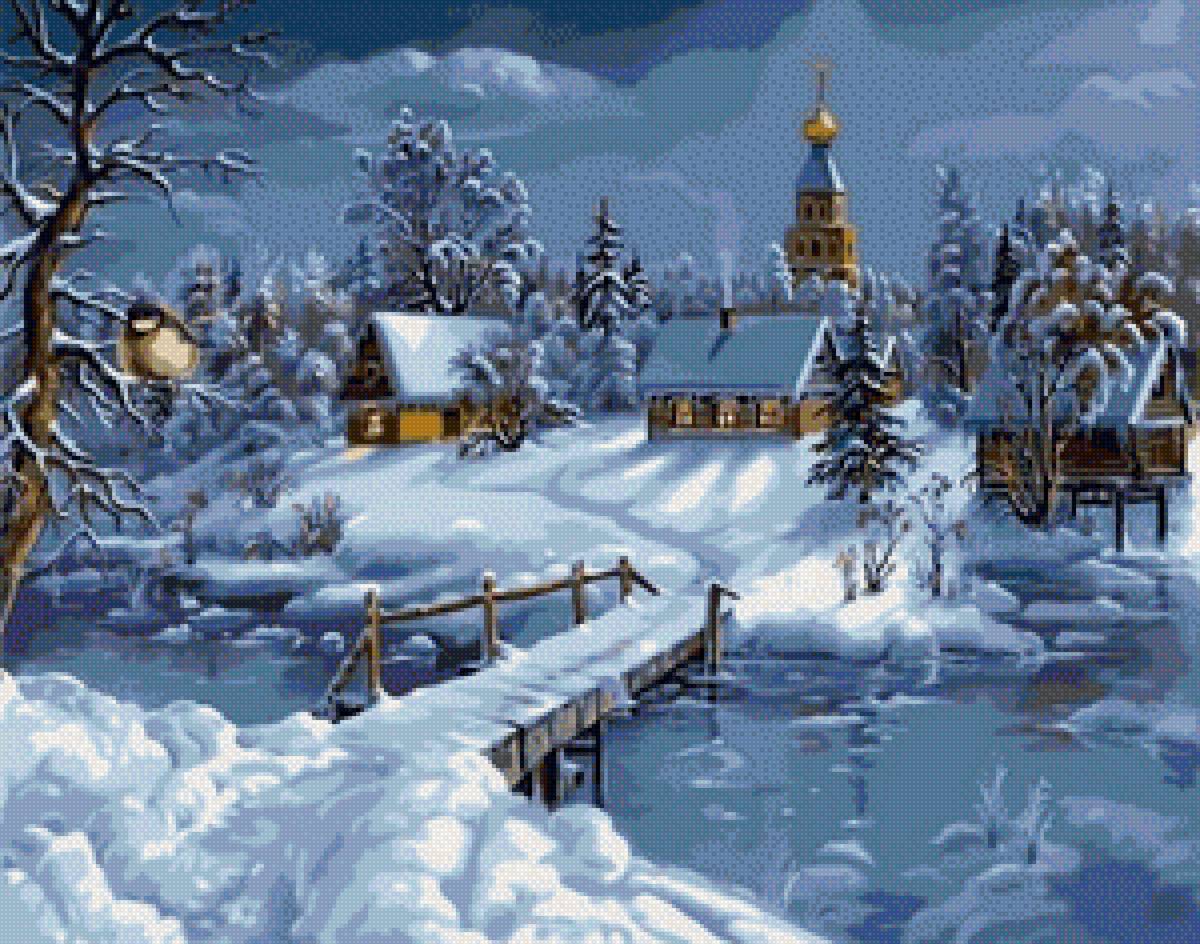 Белоснежный зимний пейзаж - пейзаж, зима, деревня - предпросмотр