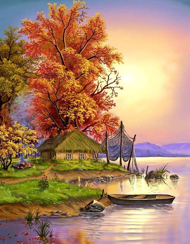 Пейзаж - закат, река, лодка - оригинал