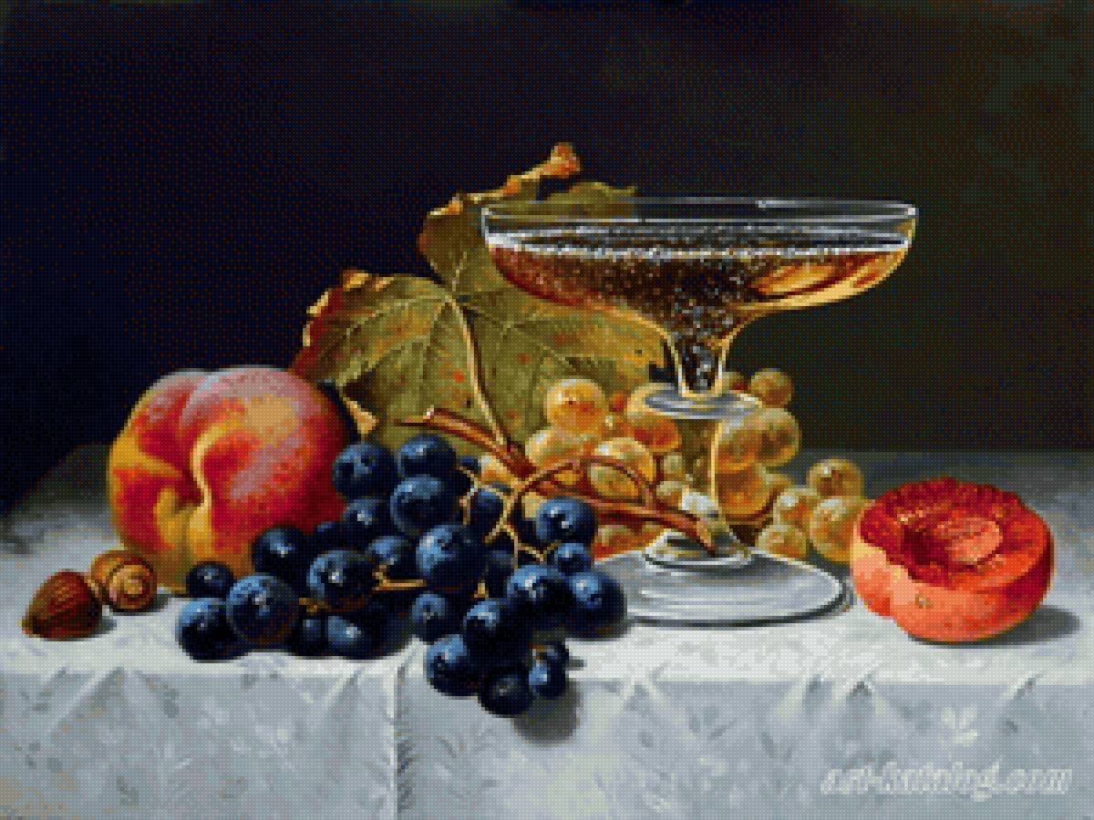 натюрморт - картина, бокал, фрукты - предпросмотр