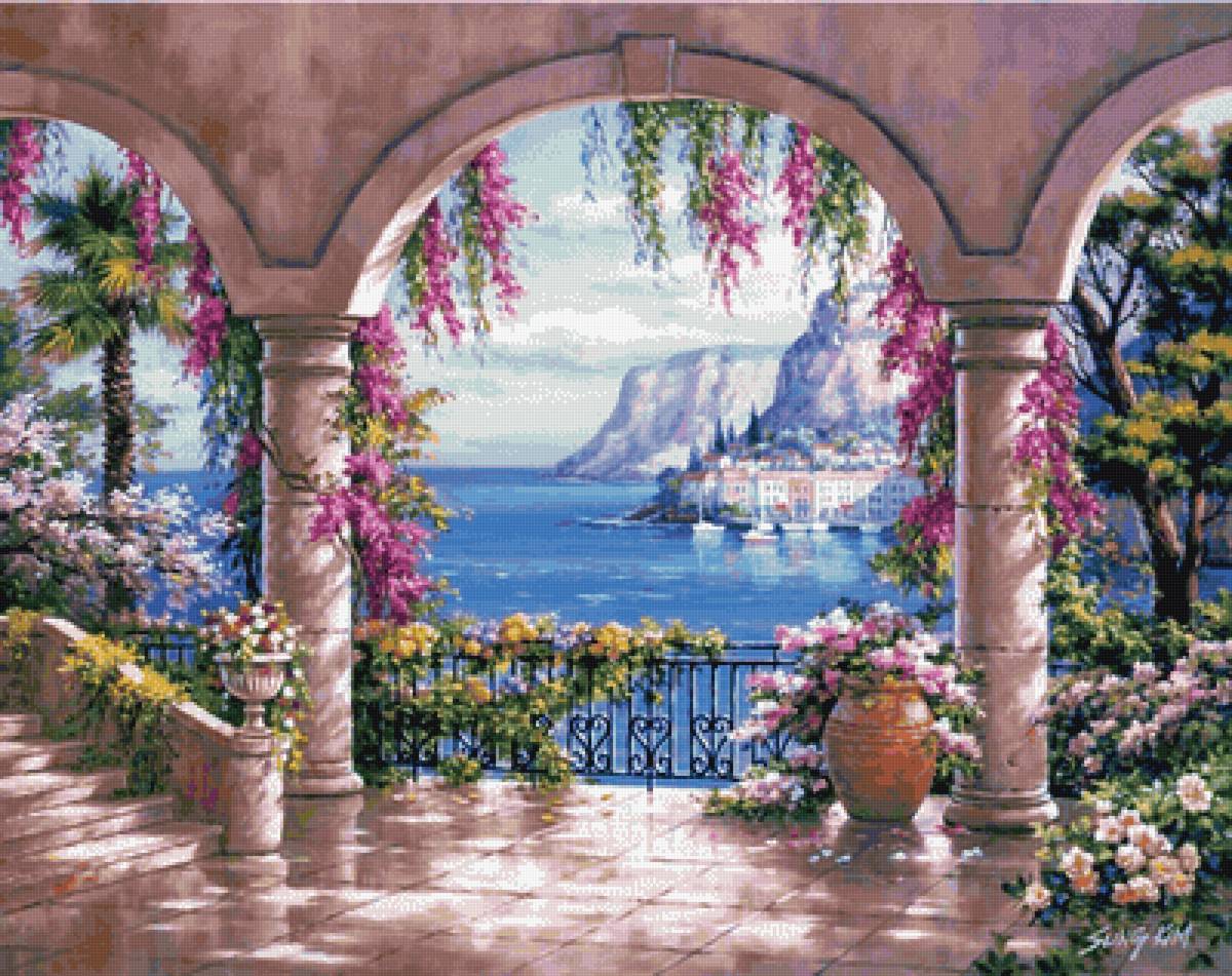 Тераса с видом на море - цветы, море, пейзаж - предпросмотр