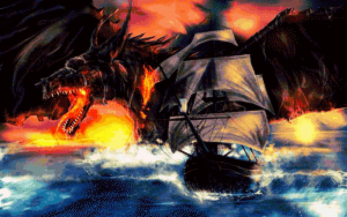 Дракон и корабль - сказочные, корабль, дракон, море - оригинал