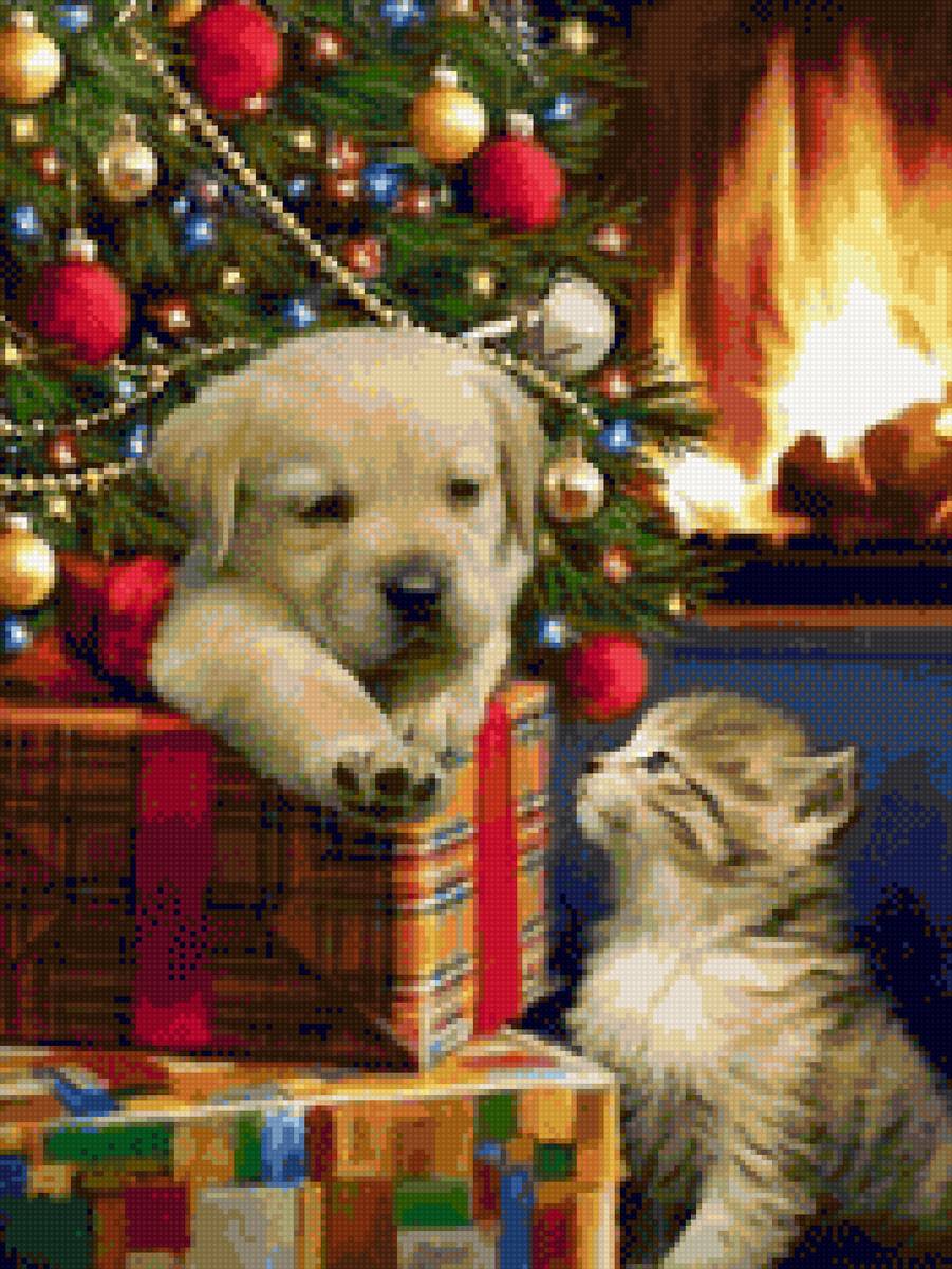 Новый год - котенок, щенок, елка, рождество - предпросмотр