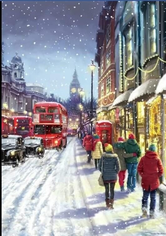 На улице перед Рождеством - зима, улица, автобус, снег, люди - оригинал