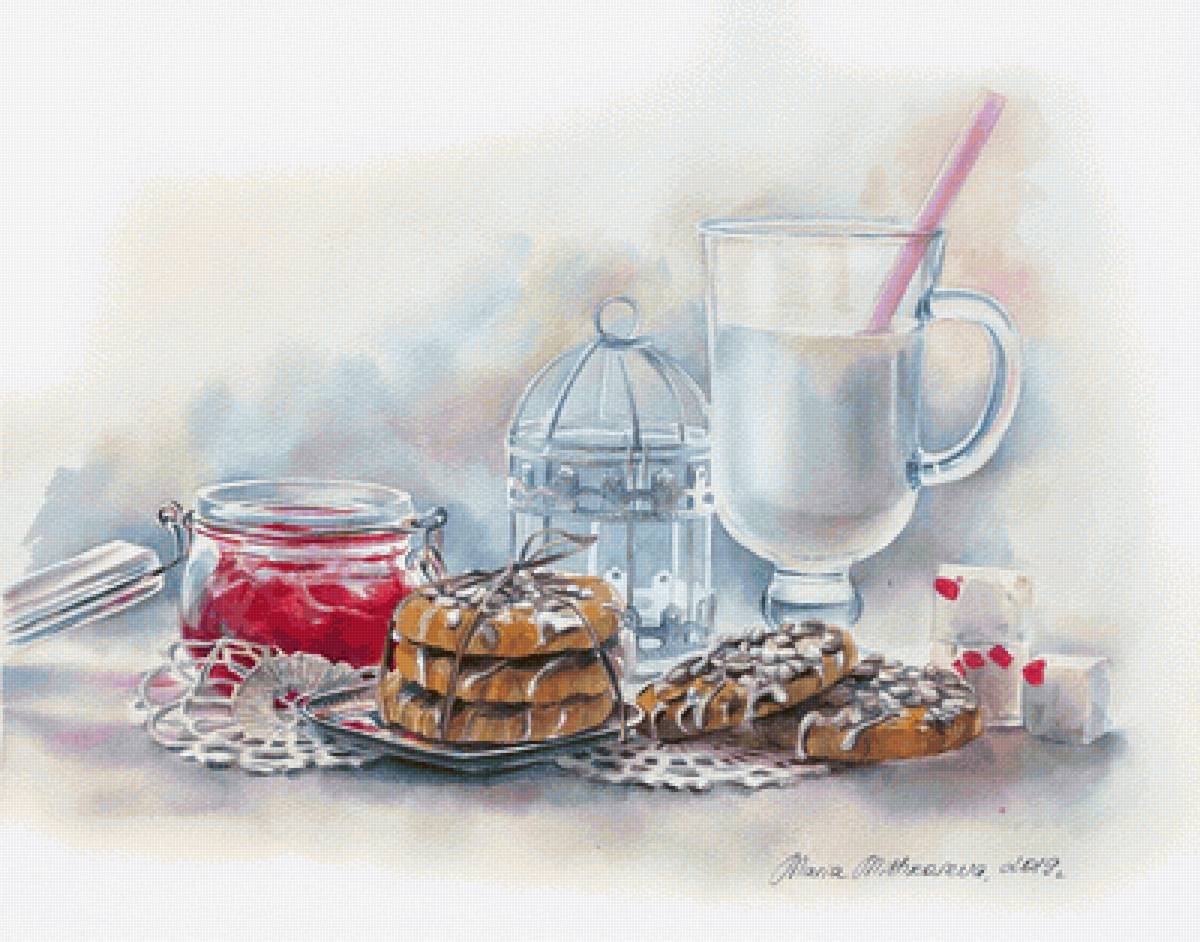 МАРИЯ МИШКАРЕВА. НАТЮРМОРТ С МОЛОКОМ, ПЕЧЕНЬЕМ И БАНКОЙ ВАРЕНЬЯ - еда, натюрморт - предпросмотр