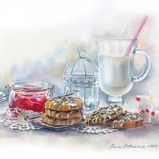 Схема вышивки «МАРИЯ МИШКАРЕВА. НАТЮРМОРТ С МОЛОКОМ, ПЕЧЕНЬЕМ И БАНКОЙ ВАРЕНЬЯ»