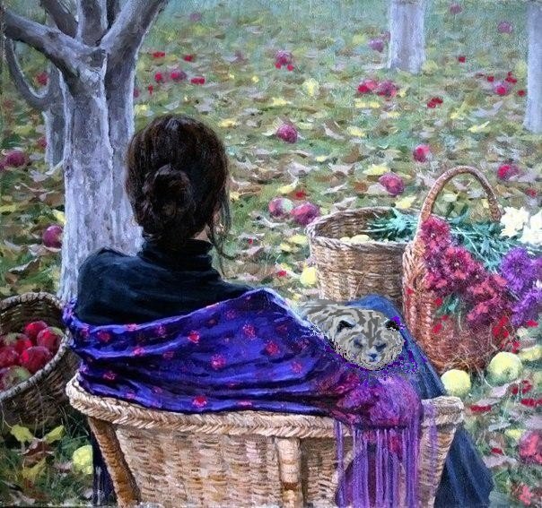 Прощальный взгляд - осень, яблоки, кот, цветы, сад, дама - оригинал