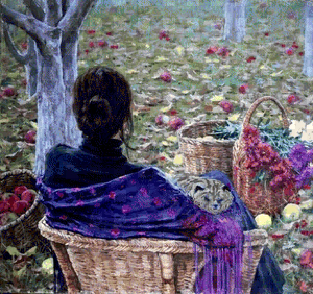 Прощальный взгляд - сад, яблоки, цветы, кот, осень, дама - предпросмотр