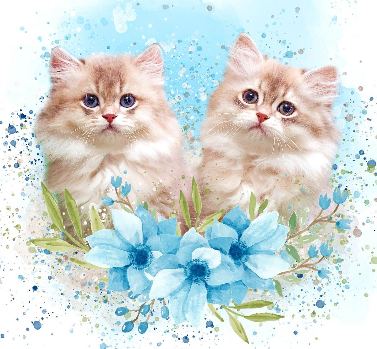 Gatos. - animais. flores .pintura. - оригинал