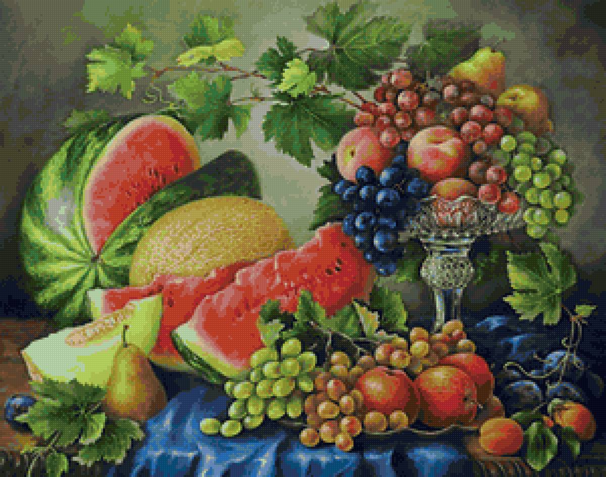 Натюрморт с арбузом и виноградом - сливы, дыня, натюрморт, виноград, арбуз - предпросмотр