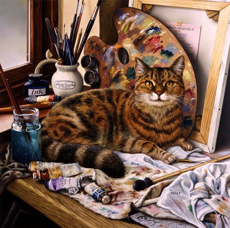 По картине Джефри Тристрама - кот, художник, краски - оригинал