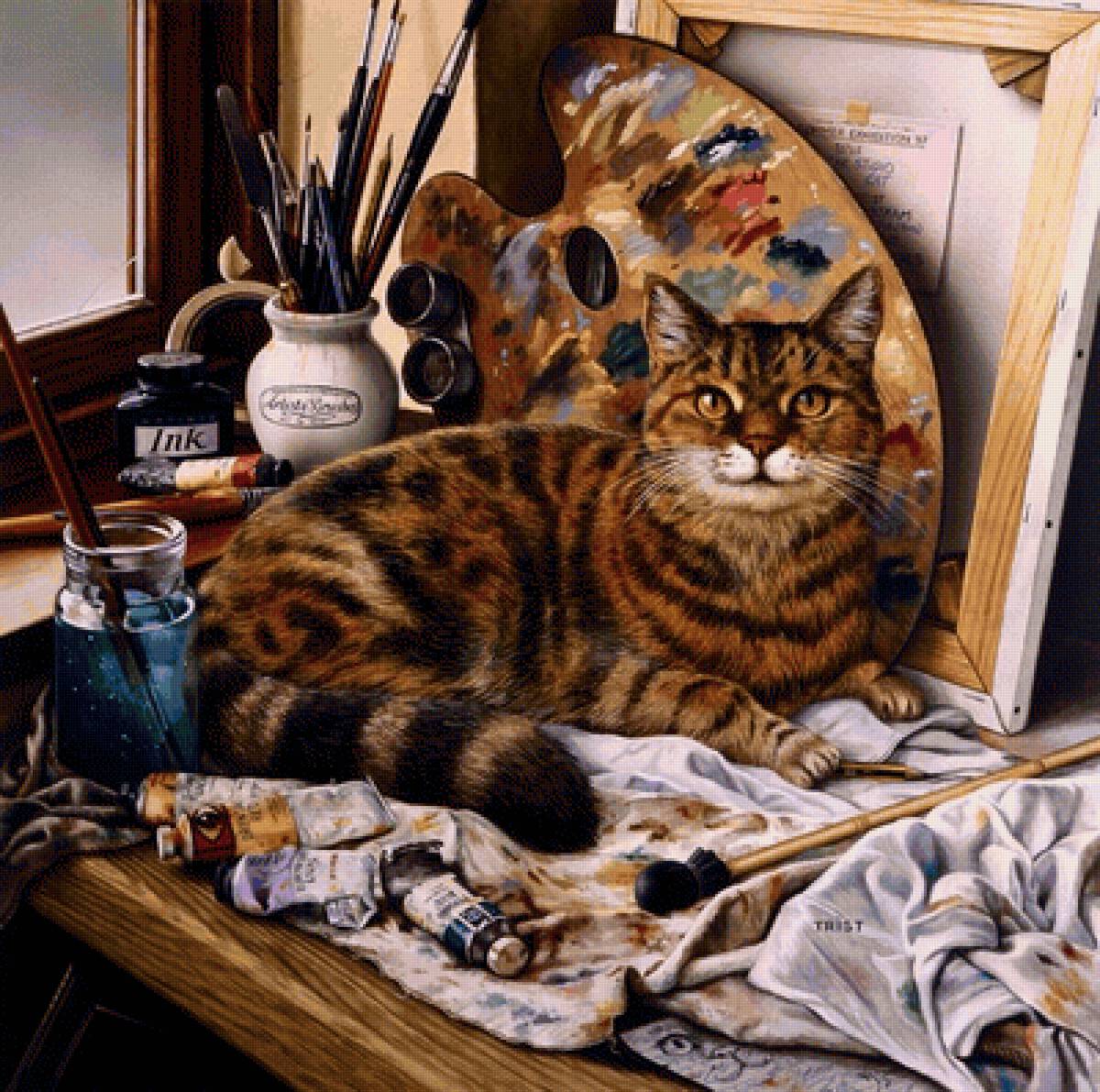 По картине Джефри Тристрама - краски, кот, художник - предпросмотр