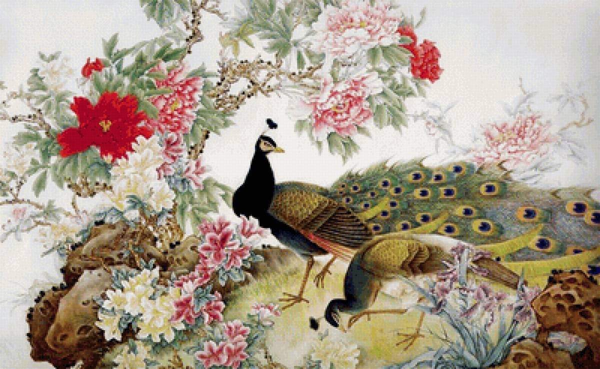 павлины - павлины, цветы - предпросмотр